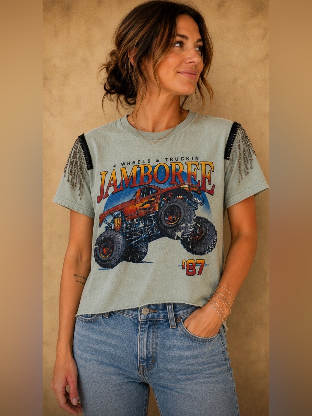 Jamboree Graphic Tee in Light Sage - Vintage Truck Design